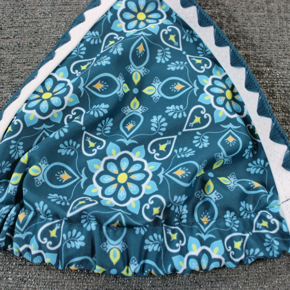 Blue Floral Mandala Ric Rac Trim Triangle Bikini Set High Cut Two Piece Swimsuit